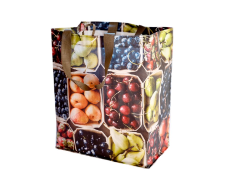 King Soopers "Fight Hunger" Reusable Bag. Design includes a multitude of fruits in containers and the bag has brown handles.